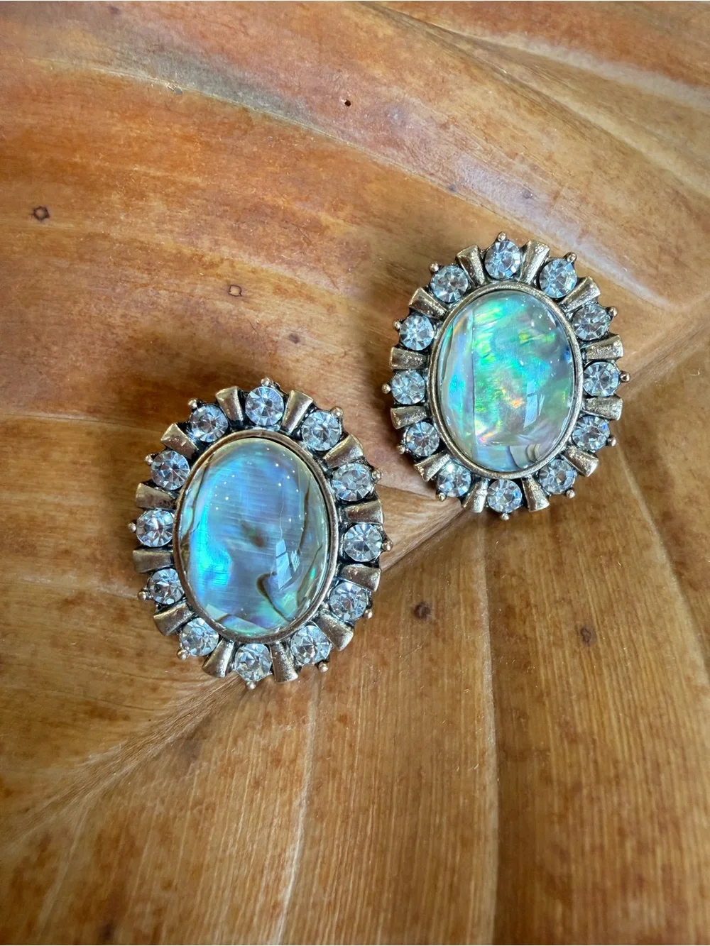 Iridescent Abalone Halo Stud Earrings with Crystal Accents